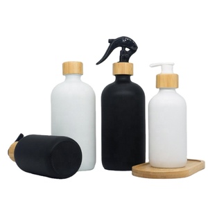 Bouteille en verre noir mat de luxe 250 ml 500 ml avec couvercle pompe en bambou, écologique, sérigraphiée, pour sérum de soin, maquillage, eau, yeux - Product Image 5