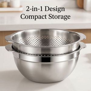 Juego de recipientes de acero inoxidable 304 de grado alimenticio, engrosado, para cocina doméstica, con cesta perforada para lavar y escurrir verduras, colador de sopa y olla. - Product Image 3
