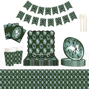 DAMAI Easter Theme Party Decoration Dark Green Paper Plate Napkin Tablecloth Disposable Party Tableware Sets - Product Image 1