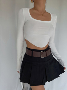 <span class=keywords><strong>T</strong></span>-shirts côtelés compressés écologiques pour femmes, vente en gros, basiques, à manches longues, coupe ajustée, manches bouffantes, en polyester tissé pour femmes - Product Image 4