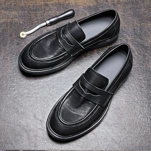 Mocassins en cuir véritable noir à tige haute pour hommes, chaussures de style britannique polyvalentes, à la mode, rétro, colorées, haut de gamme - Product Image 2