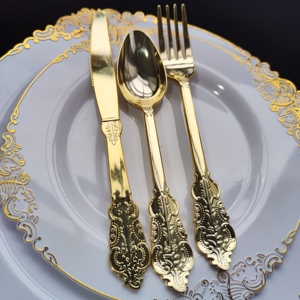 Assiettes de fête en plastique blanc pour 25 invités, motif floral, avec bord doré, vaisselle jetable élégante et de qualité supérieure - Product Image 4