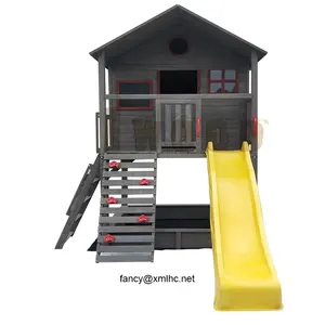 Outdoor Garden Backyard Domestic Black And Red Fir Wood Kids Playhouse With Slide Sandbox Climbing Rocks Ladder