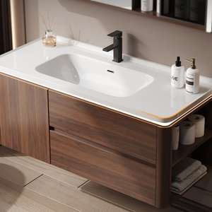 OEM Solid Wood Bathroom <strong>Vanities</strong> Walnut Color Wall Hung Bathroom <strong>Vanity</strong> Cabinet One-Piece Ceramic Basin Bathroom Cabinet - Product Image 6