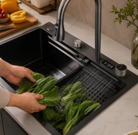 Évier de cuisine intelligent à cascade, fait main, moderne, en acier inoxydable 304 noir nano, avec affichage numérique, poste de travail, grand format, simple, vente en gros