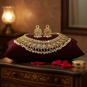 Parure de mariée de qualité supérieure, style ethnique traditionnel, avec collier ras-du-cou et boucles d'oreilles Jhumka, en zircon plaqué or - Product Image 3