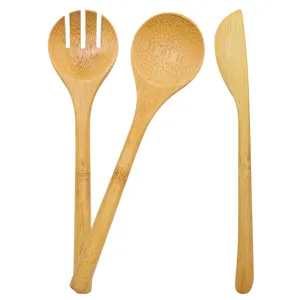 Utensilios de bambú contiene cuchara de bambú, cuchillo, tenedor Utensilios de bambú de madera biodegradables compostables