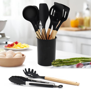 Ensemble de spatules, ustensiles de cuisine, cuisson, silicone antiadhésif résistant à la chaleur, manche en bois, couleur personnalisée, logo personnalisé en stock - Product Image 5