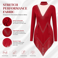 Robe de danse latine rouge pour femmes, manches longues, paillettes, franges, costume de scène, robe de danse de salon, salsa, rumba, avec strass