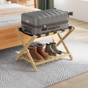 Bamboo Luggage Rack Double Layer Foldable <b>Storage</b> For Shoes And <b>Suitcases</b> Hotel Use - Product Image 1