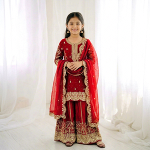 Robe Anarkali Traditionnelle Rouge Brodé pour Filles, Style Indien et Pakistanais, Coupe Droite, Longueur Ras du Sol, en Polyester, Idéale pour Mariages - Product Image 1