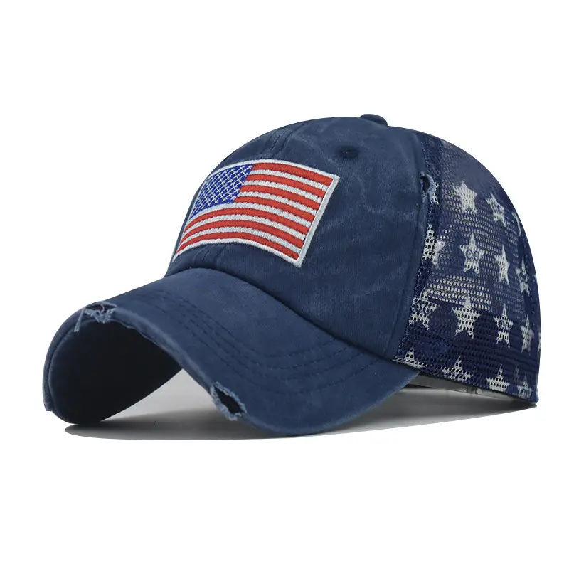 Wholesale ready to ship washed distressed trucker cap embroidery American flag front printing star back mesh cap