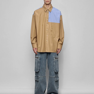 Custom Logo Men Asymmetric Stripe <b>Patchwork</b> Oversized <b>Shirt</b> Khaki Block Lapel Collar Long Sleeve Loose Fit Button Down <b>Shirts</b> - Product Image 3