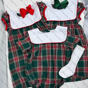 Vestitini per Bambine in Flanella <span class=keywords><strong>Verde</strong></span> Tartan con Monogramma, Maniche Corte, Colletto a Bavaglino, Costume da Babbo Natale, Tutina a Bolle per Natale - Product Image 2