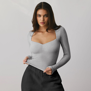 T-<span class=keywords><strong>shirt</strong></span> pour <span class=keywords><strong>femme</strong></span> à manches longues, coupe ajustée, respirant, en maille, écologique, sexy, imprimé avec un logo personnalisé, style Y2K, automne - Product Image 3