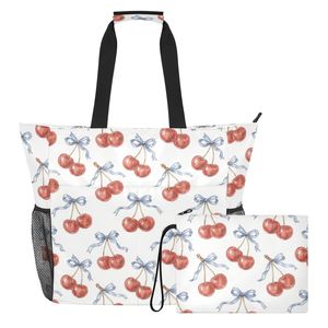 Bolsa de Playa Personalizada con Estampado de Cerezas, Bolsa de Mano Impermeable al por Mayor, Bolsa de Hombro Grande con Cremallera y Bolsa Pequeña a Juego para Mujeres y Niñas - Product Image 2
