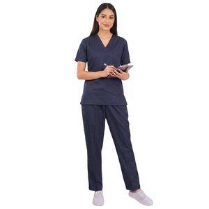 Ensemble de blouses médicales bleu marine pour femmes, coton et polyester tissé, pantalon et haut à col en V - Product Image 1