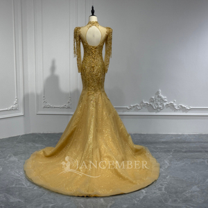 Robe de soirée sirène de luxe Xs228 en dentelle royale avec appliques de cristaux et volants, dorée, élégante, pour femme, idéale pour les fêtes et mariages - Product Image 3
