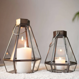 Premium Drop Lantern Nickel <b>Black</b> Pair 9.4 Inch and 7.2 Inch Handcrafted Decorative <b>Candle</b> <b>Holder</b> Lanterns for Wedding Reception - Product Image 1