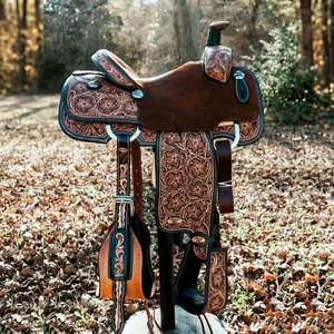 Selle Western pour cheval en cuir de buffle véritable de qualité supérieure, très demandée, avec accessoires, tailles personnalisées pour le barrel racing. - Product Image 1