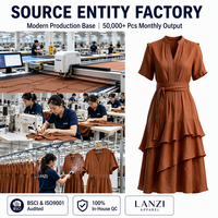Robe midi en lyocell et lin à col en V, avec plis décoratifs, épaulettes, ceinture large et ourlet étagé, couleur ivoire, fabrication OEM/ODM pour marque privée