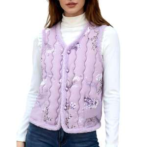 Chaleco de Invierno para Mujer de Mediana Edad, Estampado Floral de Inspiración Asiática con Ribete de Terciopelo, Precio de Mayoreo Directo de Fábrica - Product Image 2