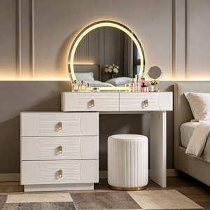 Tocador Moderno Blanco con Espejo LED Redondo, Cómoda de 3 Cajones y Taburete Acanalado para Dormitorio - Product Image 2
