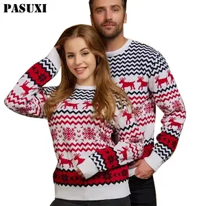 PASUXI sweter kerah Crew pasangan khusus Selamat Natal Sweater natal rajutan Jacquard Pria Wanita