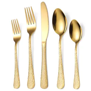 Bulk Luxus Gold Edelstahl Besteck Set Restaurant 5 Stück gehämmert Besteck Set mit benutzer definierten Logo