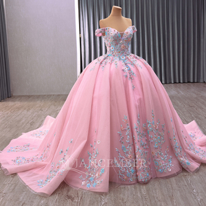 Robe de soirée d'été rose à épaules dénudées avec broderie de sequins et fleurs, style bouffant en organza, pour fêtes, Rsm241084E - Product Image 4