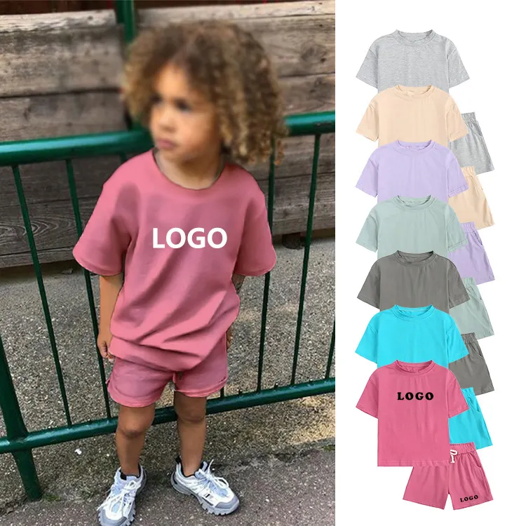 Luxe Groothandel Blanco Custom Grafische Zomer Katoenen Meisje Jongens Dragen Kleding Doek Kids T-Shirt En Korte Broek Set