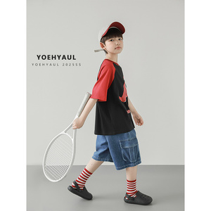 Yoehyaul Áo thun cotton mùa hè qg2762 áo ngắn tay cho bé trai áo thun in màu đỏ đen cho bé trai - Product Image 4