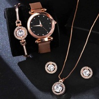 Ensemble Montre de Luxe Femme 17KM, Bracelet en Cristal, Clous d'Oreilles, Collier et Montre-Bracelet à Quartz Décontractée pour Dames