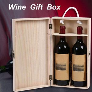 Wooden Wine Box - 1-Pack Double Wine Bottle Wood Storage Gift Box with Handle for Birthday Party, Housewarming, Wedding