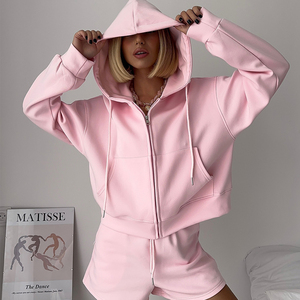2025 automne décontracté femmes rose à capuche deux pièces Shorts tenues coupe ample motif solide avec fermeture éclair décoration vêtements pour femmes - Product Image 5