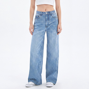 Jeans de Pierna Ancha de Cintura Alta en Azul Claro para Mujer Talla Grande, <span class=keywords><strong>Pantalones</strong></span> Vaqueros Holgados Estilo Vintage, <span class=keywords><strong>Pantalones</strong></span> Casuales de Mezclilla para Uso Diario - Product Image 1