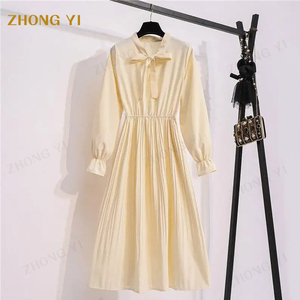 Vestido para <span class=keywords><strong>Mujer</strong></span>, <span class=keywords><strong>Otoño</strong></span> <span class=keywords><strong>Invierno</strong></span> <span class=keywords><strong>2022</strong></span>, Nuevo, Sólido, con Mangas Acampanadas, de Gasa, Cintura Alta, Cuello con Lazo, Estilo Vintage, Línea A - Product Image 2
