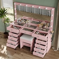 Grande coiffeuse antique pour femme avec plateau en verre, éclairage et miroir LED, ensemble de coiffeuse de luxe en cristal rose