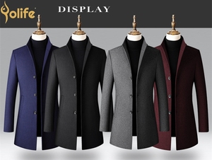 Yolife New Style Solid Men Long Wool Coat Slim Fit Wine Red <strong>Black</strong> Navy Blue Gray <strong>Overcoat</strong> - Product Image 6