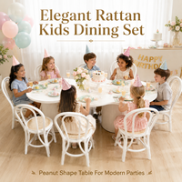 Table de fête pour enfants en rotin naturel, forme cacahuète, 8 places, intérieur/extérieur, blanc pastel, mobilier pour événements d'enfants, pour salle de jeux