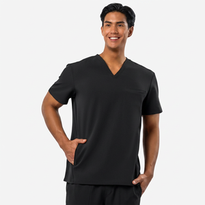 Men's V-Neck Medical <b>Scrub</b> <b>Top</b> Solid Black Short Sleeve Nursing Uniform Set with Pockets - Product Image 1