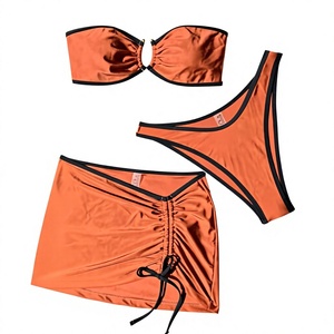 Ensemble bikini bandeau froncé pour femme, 2 pièces, orange uni, avec bas de maillot extensible à jupe et découpes, coupe classique - Product Image 4