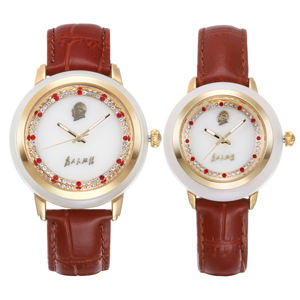Ensemble de montres de luxe pour couple en jade naturel Hetian, bracelet en cuir beige avec diamants, mouvement à quartz japonais Miyota, montre-bracelet classique - Product Image 1