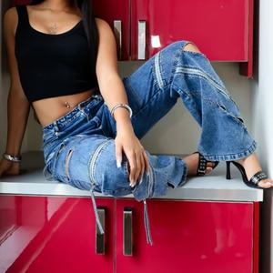 Pantalones vaqueros holgados de cintura alta para mujer, a la moda, con diseño hueco, estilo cargo, de gran tamaño - Product Image 2