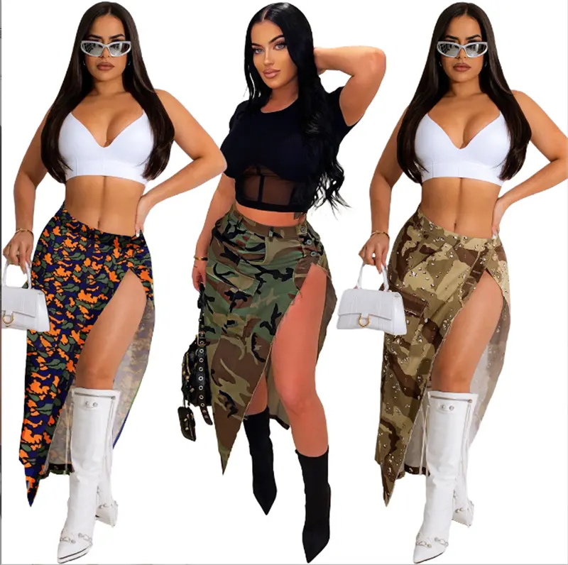 Skirt with high split color camouflage skirts 2023 spring fashionable and all match vintage skirt for women