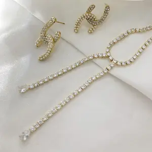 925 argent sterling en gros ensemble de mode plaqué or petite perle boucles d'oreilles collier de tennis ensembles de bijoux de luxe pour les femmes