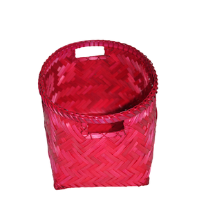 Cubo de almacenamiento de bambú tejido redondo rosa vibrante con asas recortadas Elegante y práctico armario Organización de escritorio Hecho en Vietnam - Product Image 1
