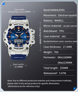 SANDA 6291 Montre de sport multifonctionnelle tendance à double affichage, montre-bracelet électronique lumineuse et étanche - Product Image 4