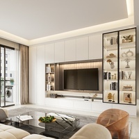 Meuble TV mural intégré Santopova moderne pour salon avec rangement intégré, étagères en verre et éclairage LED