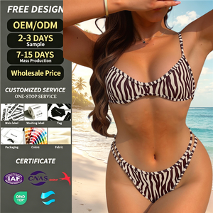 <span class=keywords><strong>Maillot</strong></span> <span class=keywords><strong>de</strong></span> bain sexy pour femme, ensemble bikini triangle perlé à bretelles croisées, imprimé zèbre, string, deux pièces, coupe coquine, vente en gros, logo personnalisé - Product Image 1